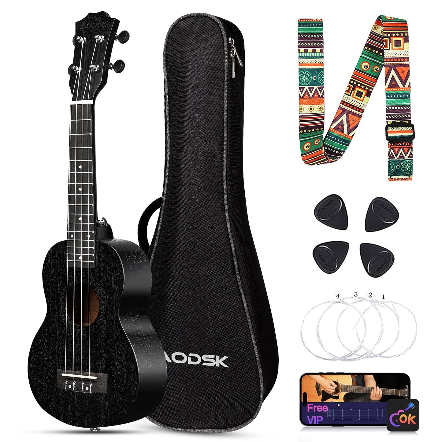 AODSK Concert Black Ukulele for Beginner 23 Inch Uke with Gig Bag Strap Nylon String 4 Picks Holiday Gift