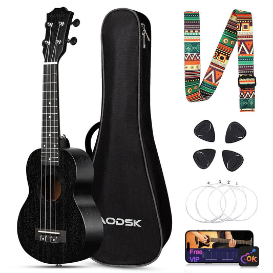 AODSK Concert Black Ukulele for Beginner 23 Inch Uke with Gig Bag Strap Nylon String 4 Picks Holiday Gift