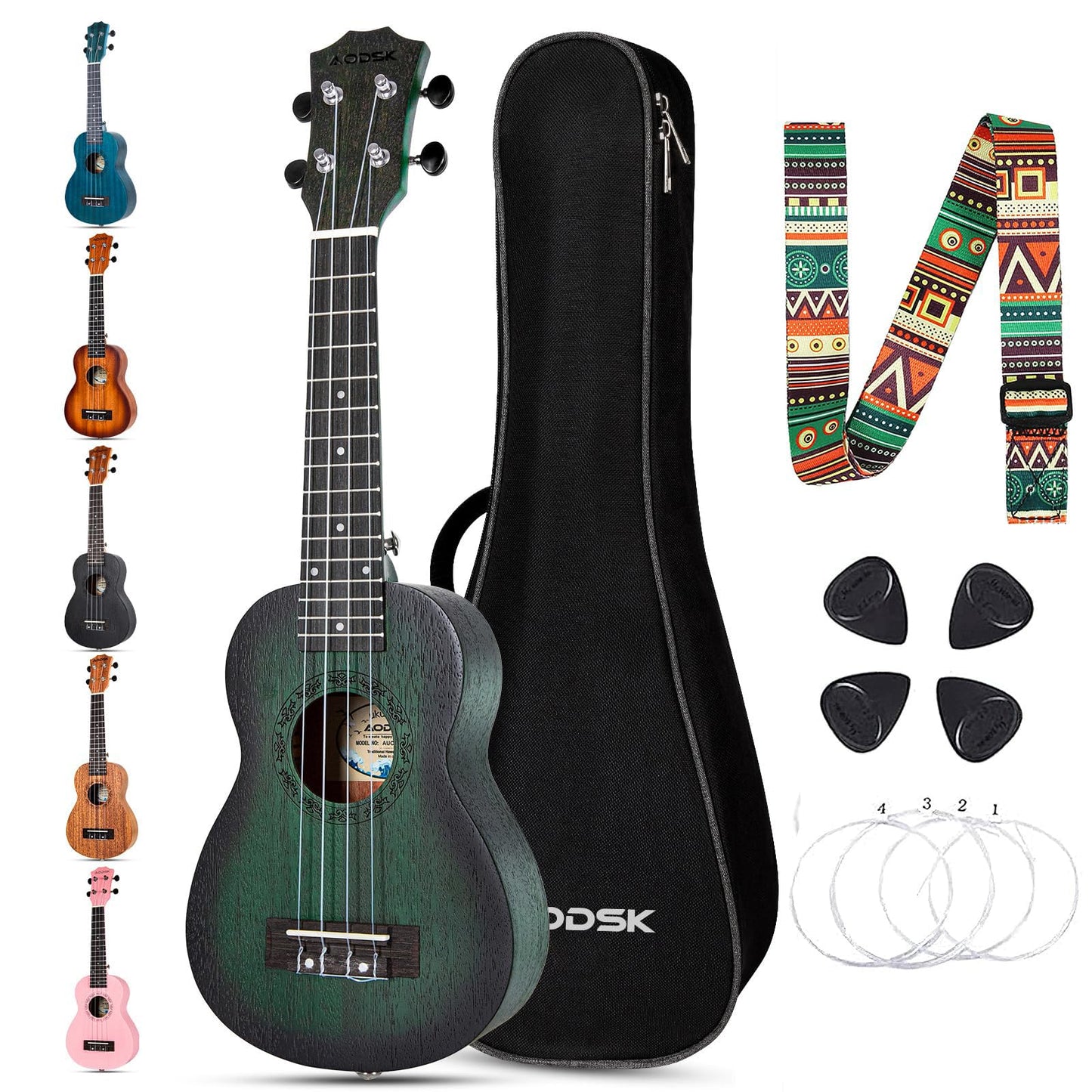 AODSK Soprano Green Ukulele for Beginner 21 Inch Ukelele with Gig Bag Strap Nylon String 4 Picks Holiday Gift