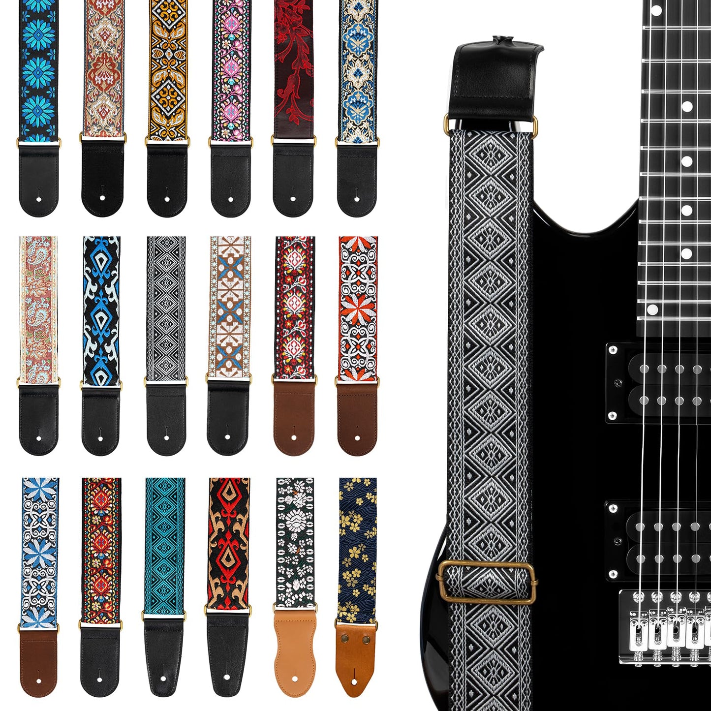 AODSK Guitar Strap Vintage Woven Adjustable,includes 2 Strap Locks, For Bass, Electric & Acoustic Guitars (White Rhombus)