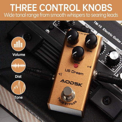 AODSK エレキギターエフェクトペダル、ストロングディストーション、トーン、ディスト、ボリューム、トゥルーバイパス、9V DC（US Dream）