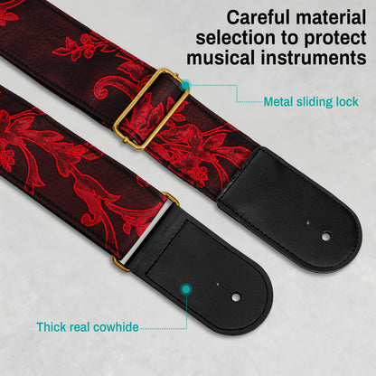 AODSK Guitar Strap Vintage Woven Adjustable,includes 2 Strap Locks, For Bass, Electric & Acoustic Guitars (Crimson Thorn)