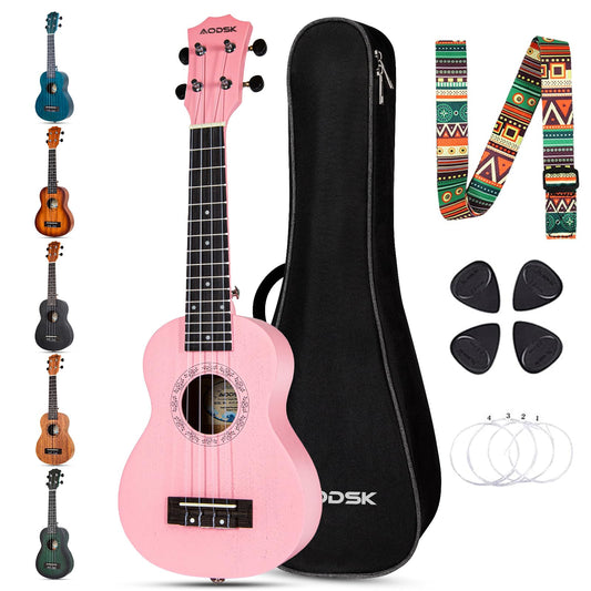 AODSK Concert Pink Ukulele for Beginner 23 Inch Uke with Gig Bag Strap Nylon String 4 Picks Holiday Gift