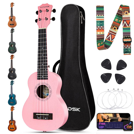 AODSK Soprano Pink Ukulele for Beginner 21 Inch Ukelele with Gig Bag Strap Nylon String 4 Picks Holiday Gift