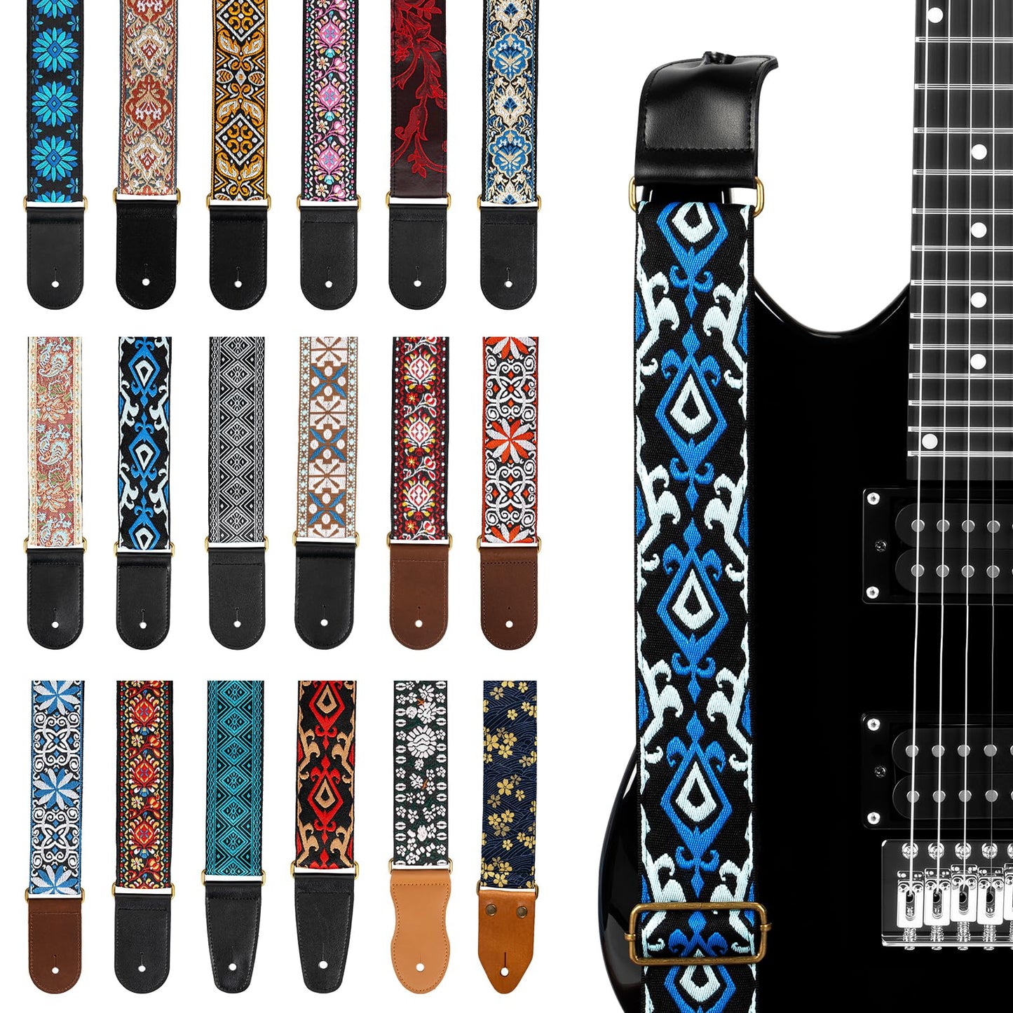 AODSK Guitar Strap Vintage Woven Adjustable,includes 2 Strap Locks, For Bass, Electric & Acoustic Guitars (Blue)