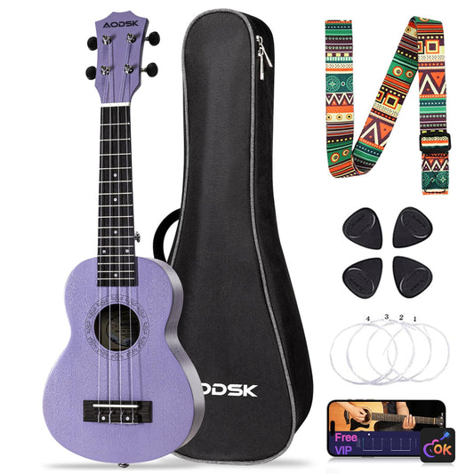 AODSK Soprano Violet Ukulele for Beginner 21 Inch Ukelele with Gig Bag Strap Nylon String 4 Picks Holiday Gift