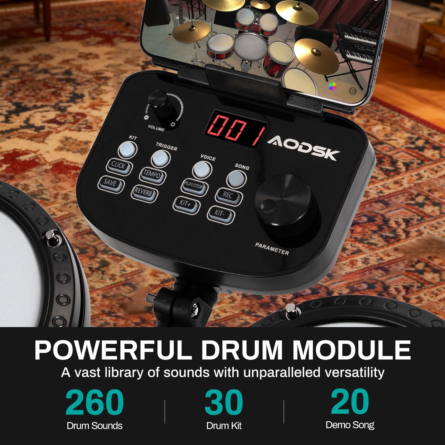 AODSK Electronic Drum Set, Professional Mesh Drum Pads, Upgraded Sound Module (260 sounds/30 Kits/20 Songs),Includes Sticks,Headphones,drum throne (2025 New Upgraded)