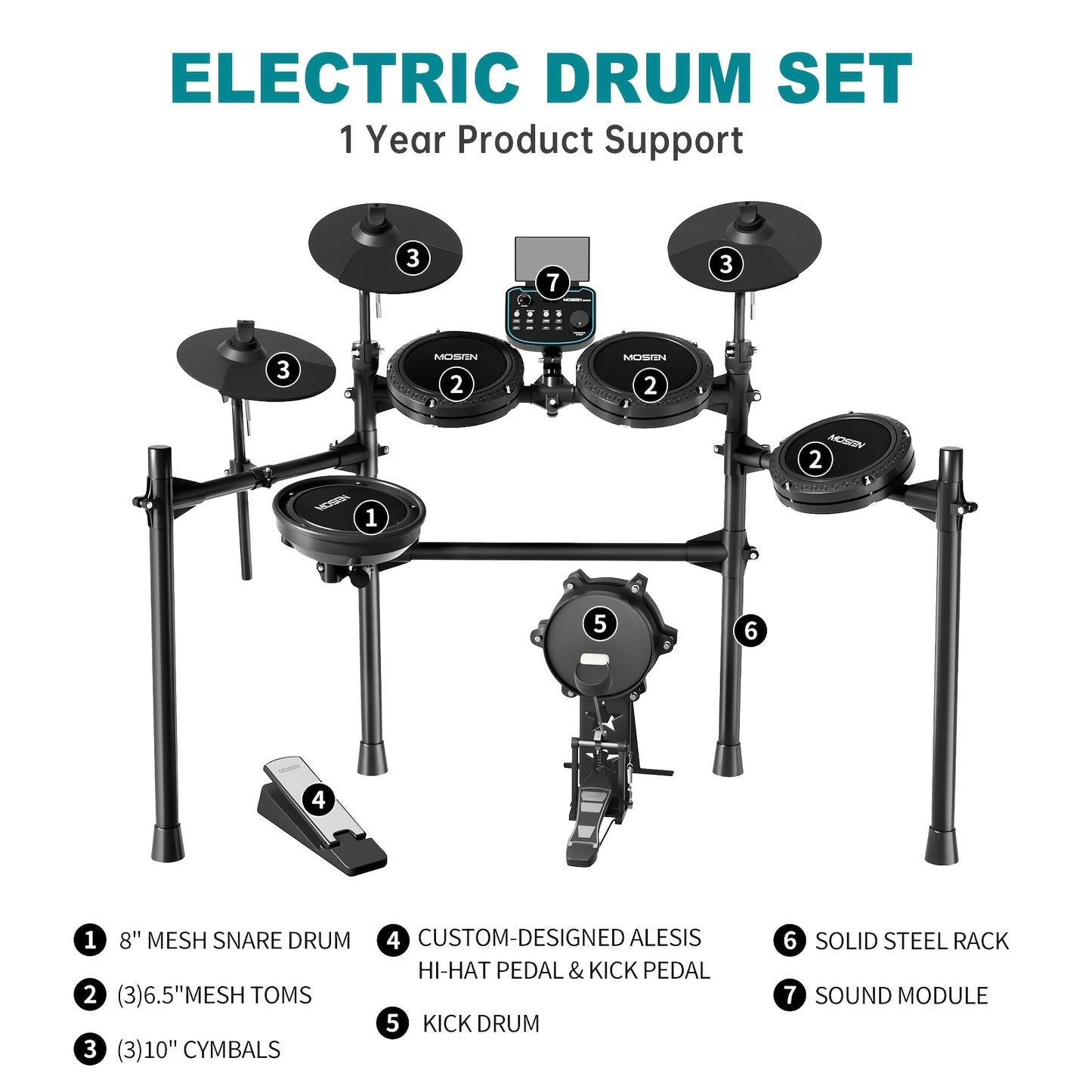Mosen Electronic Drum Set, With Mesh Drumheads, Adjustable Cymbals, Accompanied By A Kick Drum, Featuring Over 260 Tones And 30 Preset Drum Kits