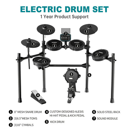 Mosen Electronic Drum Set, With Mesh Drumheads, Adjustable Cymbals, Accompanied By A Kick Drum, Featuring Over 260 Tones And 30 Preset Drum Kits