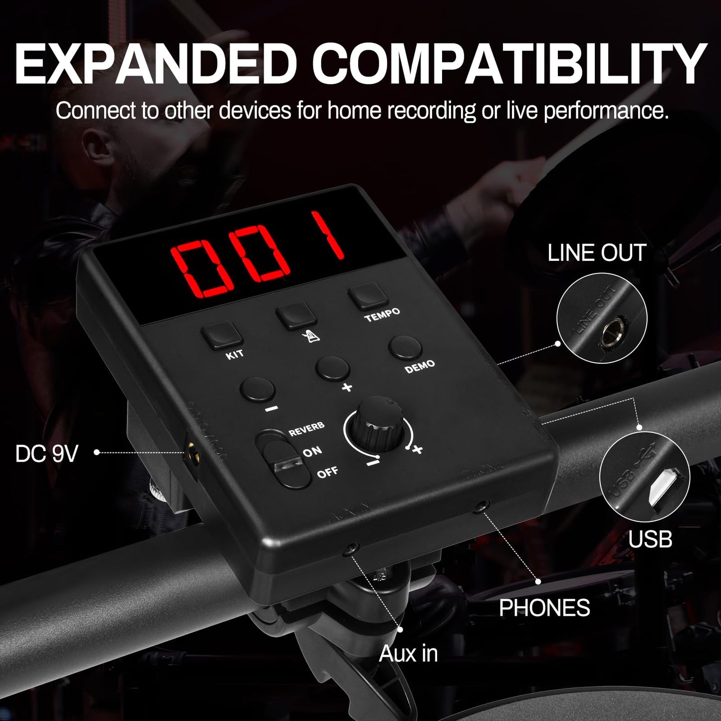 AODSK AED-100 電子ドラムセット 静音パッド4つ、200種類のサウンド、ペダル2つ - ポータブル初心者向けセット スローン、スティック、オンイヤーヘッドホン付き