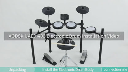 AODSK Electronic Drum Set for Beginners & Teenagers – AED-403 | Quiet Mesh Pads, 195 Sounds, 15 Kits | E-Drum Kit with Throne, Headphones, Sticks, USB MIDI & AUX Input