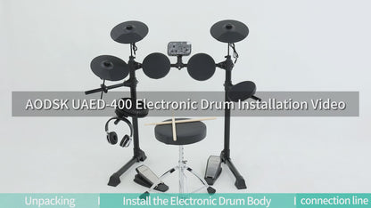 AODSK Electric Drum Set for Beginner with 150 Sounds,4 Quiet Drum Pads,2 Pedal,Throne,Sticks,Electronic Drum with Headphone,AED-400