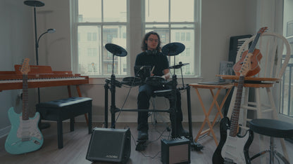 AODSK Electronic Drum Set for Beginners & Teenagers – AED-403 | Quiet Mesh Pads, 195 Sounds, 15 Kits | E-Drum Kit with Throne, Headphones, Sticks, USB MIDI & AUX Input